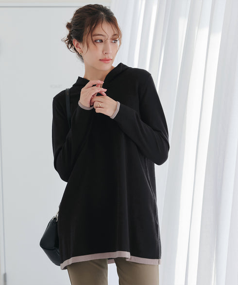 配色フーディーニットチュニック