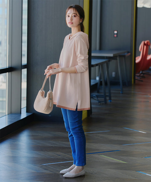 配色フーディーニットチュニック