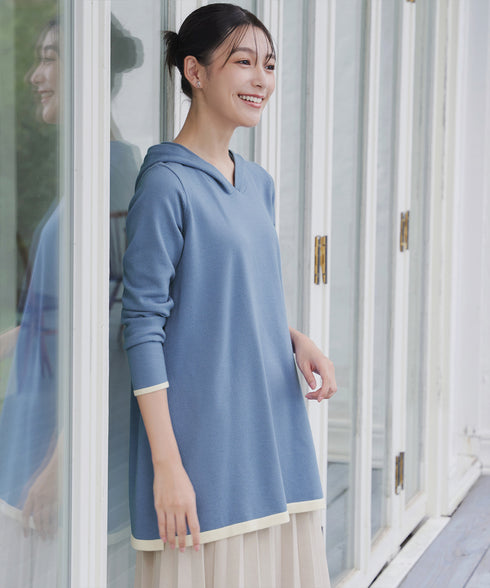 配色フーディーニットチュニック