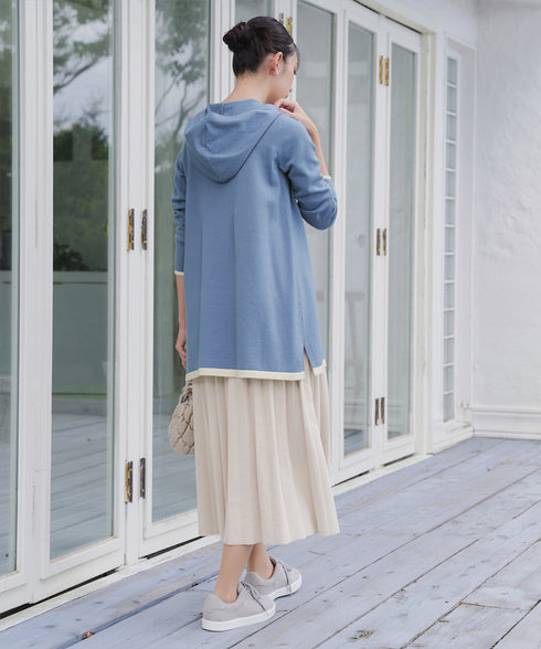 配色フーディーニットチュニック