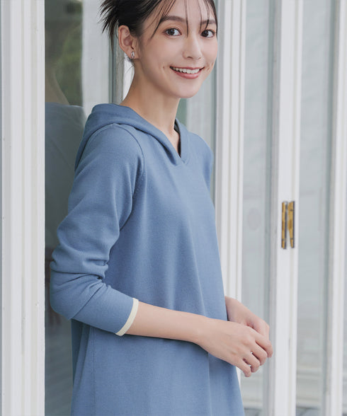 配色フーディーニットチュニック