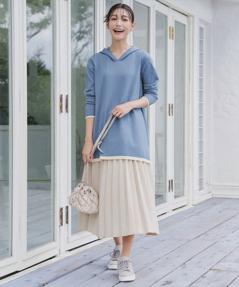 配色フーディーニットチュニック