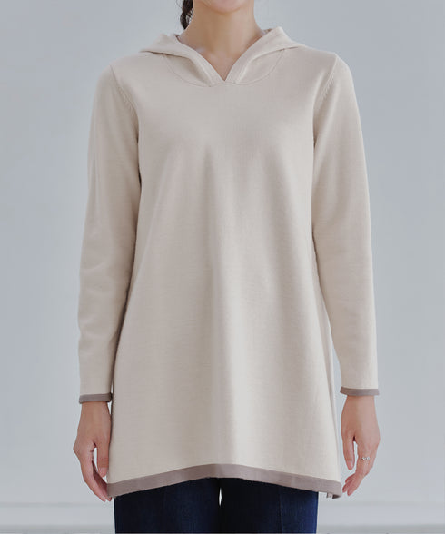 配色フーディーニットチュニック