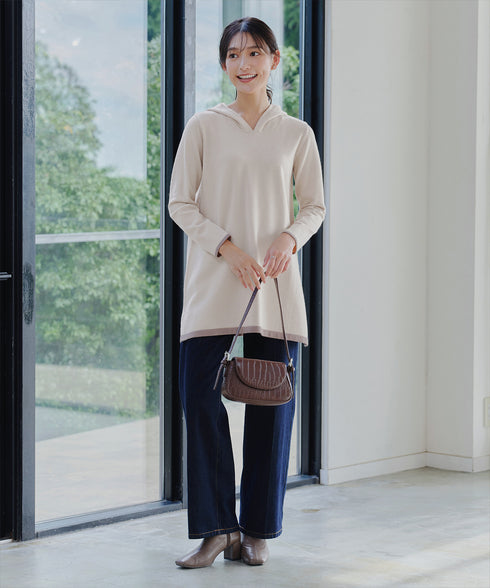 配色フーディーニットチュニック