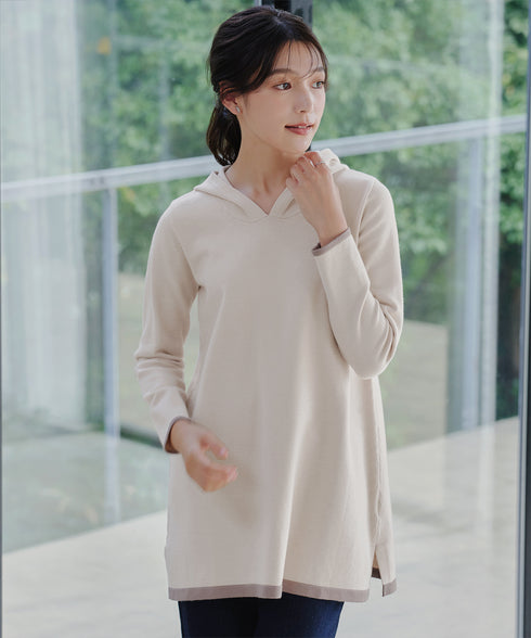 配色フーディーニットチュニック