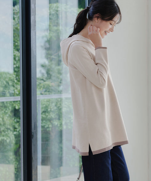 配色フーディーニットチュニック