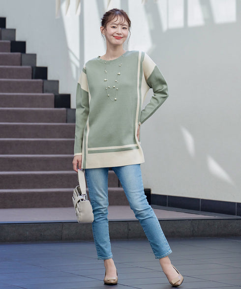 配色ニットチュニック