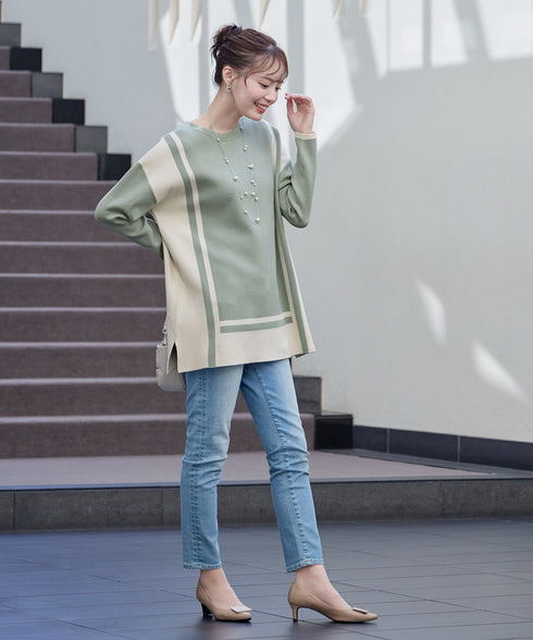 配色ニットチュニック