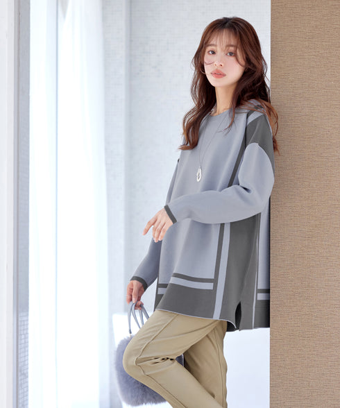 配色ニットチュニック