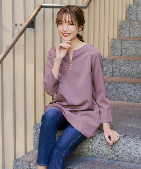 ダブルストレッチ│スキッパーパールチュニックブラウス