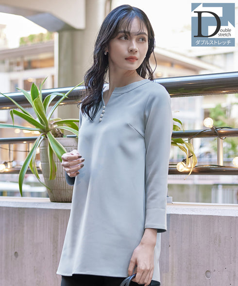 ダブルストレッチ│スキッパーパールチュニックブラウス