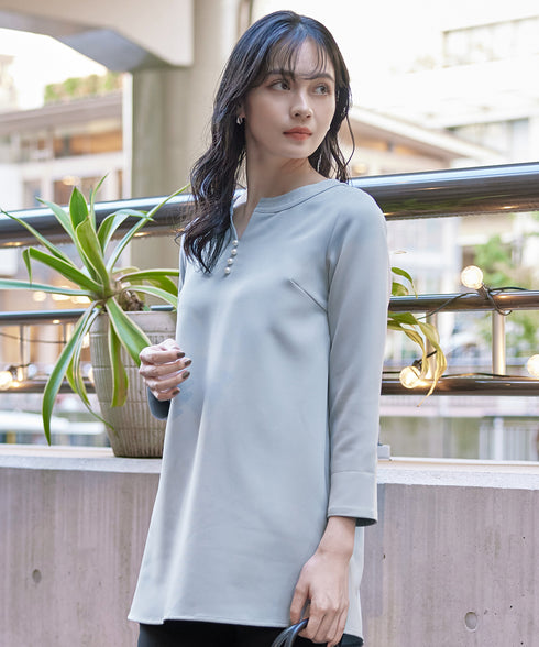 ダブルストレッチ│スキッパーパールチュニックブラウス