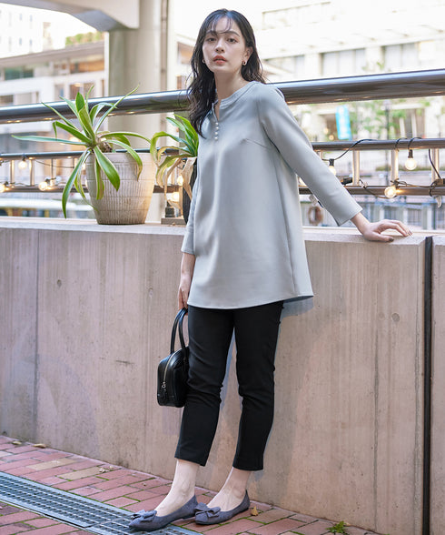 ダブルストレッチ│スキッパーパールチュニックブラウス