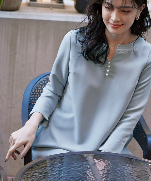 ダブルストレッチ│スキッパーパールチュニックブラウス