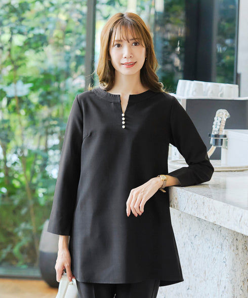 ダブルストレッチ│スキッパーパールチュニックブラウス