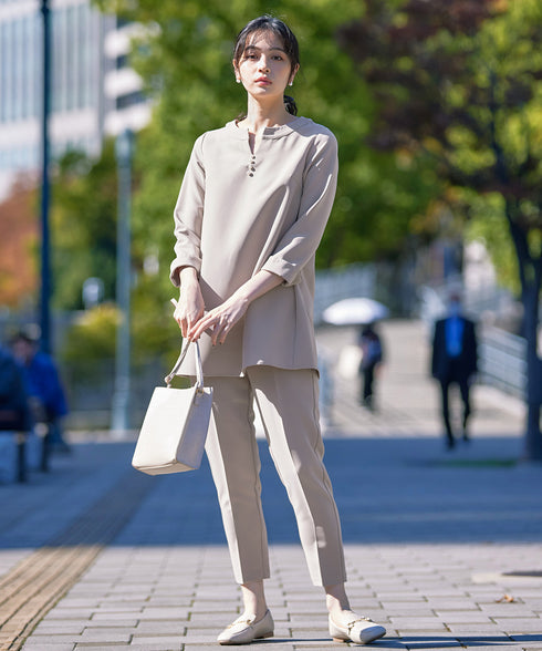 ダブルストレッチ│スキッパーパールチュニックブラウス