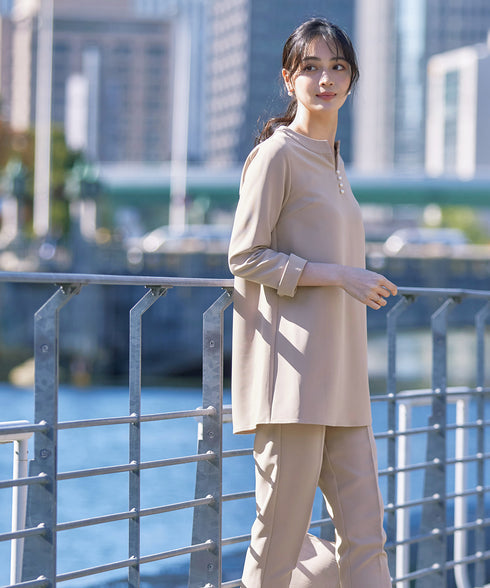 ダブルストレッチ│スキッパーパールチュニックブラウス