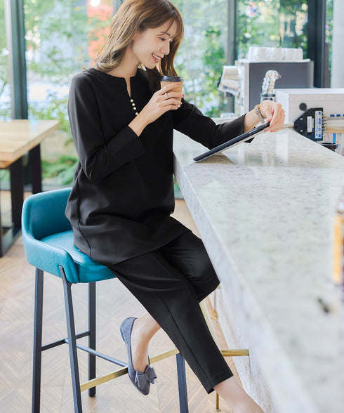 ダブルストレッチ│スキッパーパールチュニックブラウス