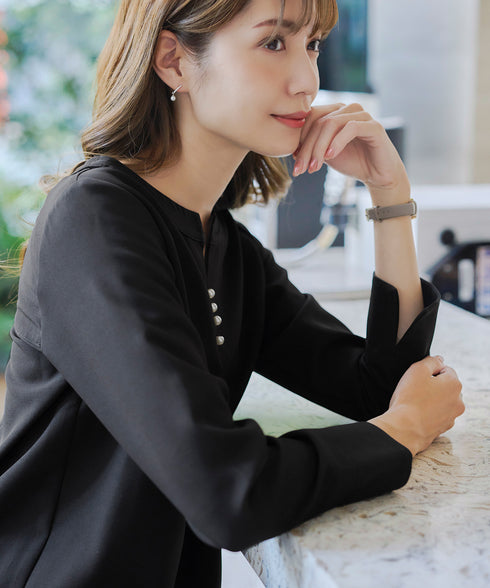 ダブルストレッチ│スキッパーパールチュニックブラウス