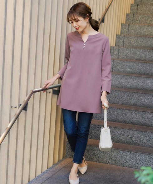 ダブルストレッチ│スキッパーパールチュニックブラウス