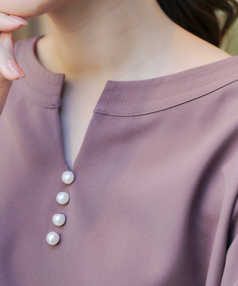 ダブルストレッチ│スキッパーパールチュニックブラウス