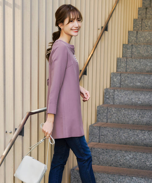 ダブルストレッチ│スキッパーパールチュニックブラウス