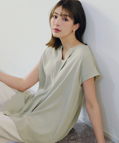 【アウトレット】フレンチスリーブキーネックシャツチュニックブラウス