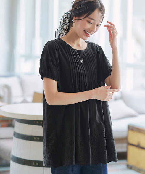 パンチングレースピンタックチュニックブラウス