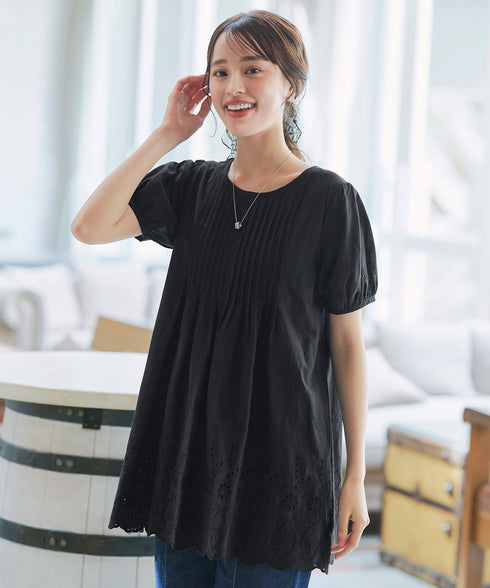 パンチングレースピンタックチュニックブラウス