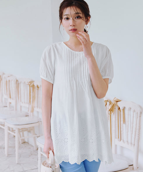 パンチングレースピンタックチュニックブラウス