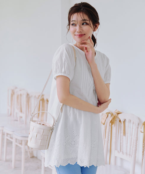 パンチングレースピンタックチュニックブラウス