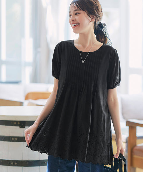 パンチングレースピンタックチュニックブラウス