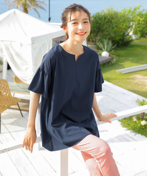 【アウトレット】キーネックフレア袖チュニックブラウス