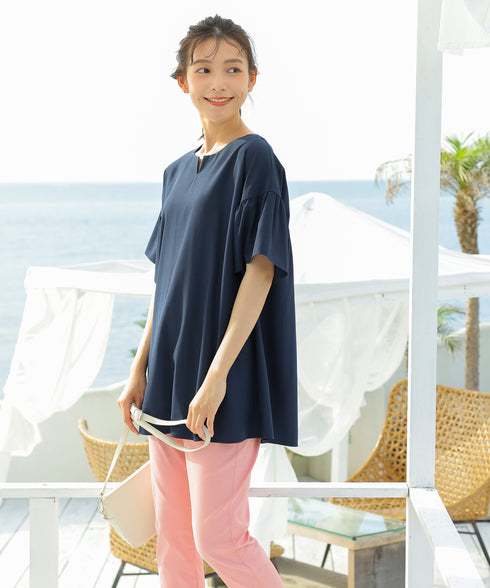 【アウトレット】キーネックフレア袖チュニックブラウス