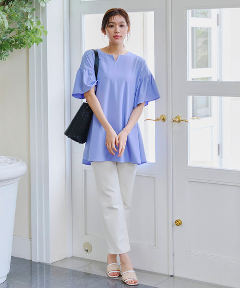 【アウトレット】キーネックフレア袖チュニックブラウス