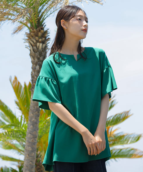 【アウトレット】キーネックフレア袖チュニックブラウス