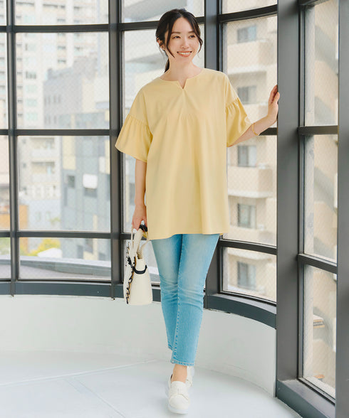 【アウトレット】キーネックフレア袖チュニックブラウス