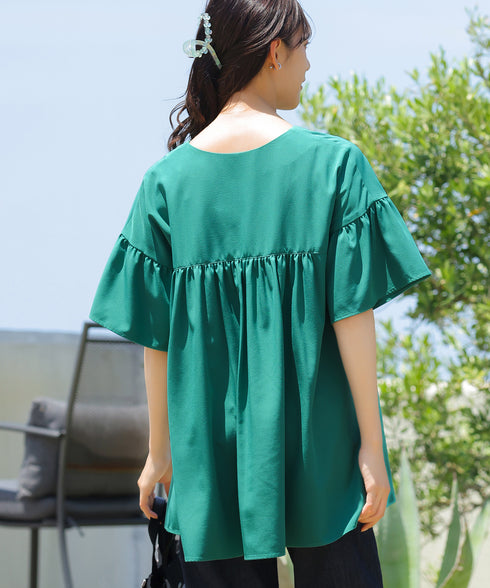 【アウトレット】キーネックフレア袖チュニックブラウス