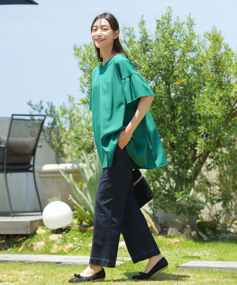 【アウトレット】キーネックフレア袖チュニックブラウス