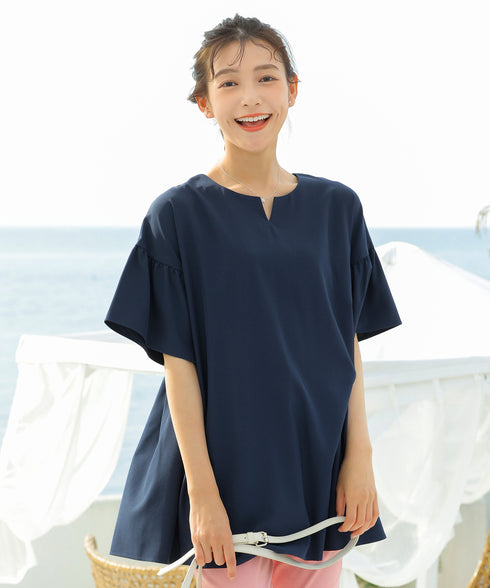 【アウトレット】キーネックフレア袖チュニックブラウス