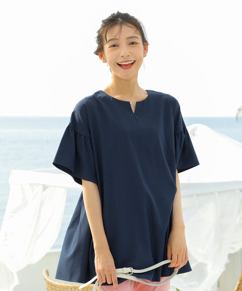 【アウトレット】キーネックフレア袖チュニックブラウス