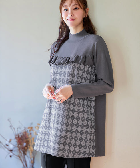 アーガイルジャガードフリルチュニック