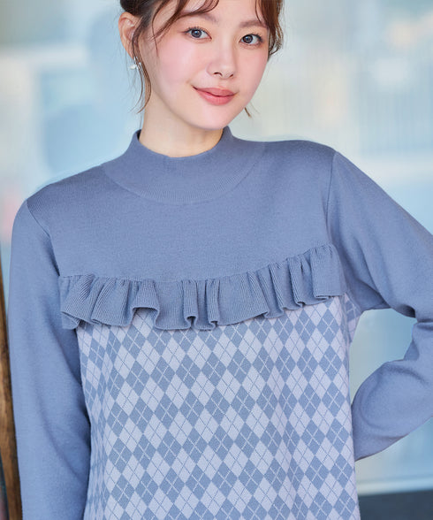 アーガイルジャガードフリルチュニック
