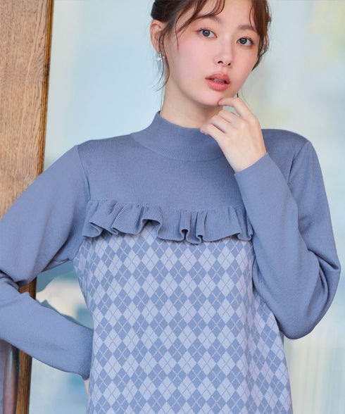 アーガイルジャガードフリルチュニック