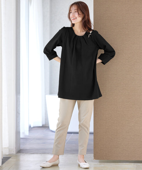 ランタンパフ袖カットソー切替チュニック