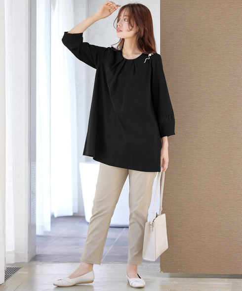 ランタンパフ袖カットソー切替チュニック