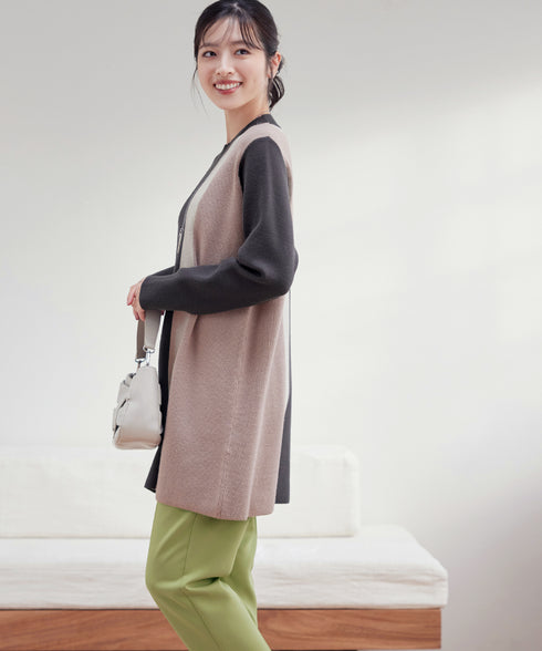 配色ワッフル切替ニットチュニック