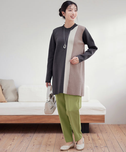 配色ワッフル切替ニットチュニック