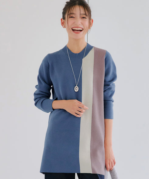 配色ワッフル切替ニットチュニック