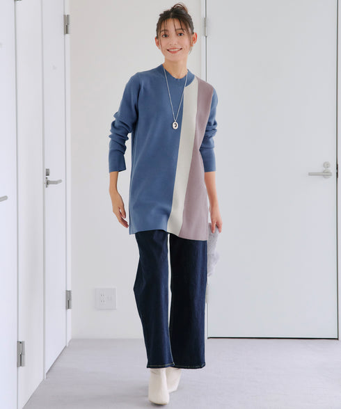 配色ワッフル切替ニットチュニック